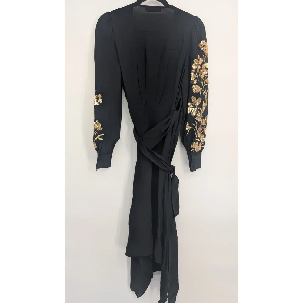 Defect Tory Burch EMBROIDERED WRAP Midi DRESS Sz 2 Golden Sequins Black #2A458